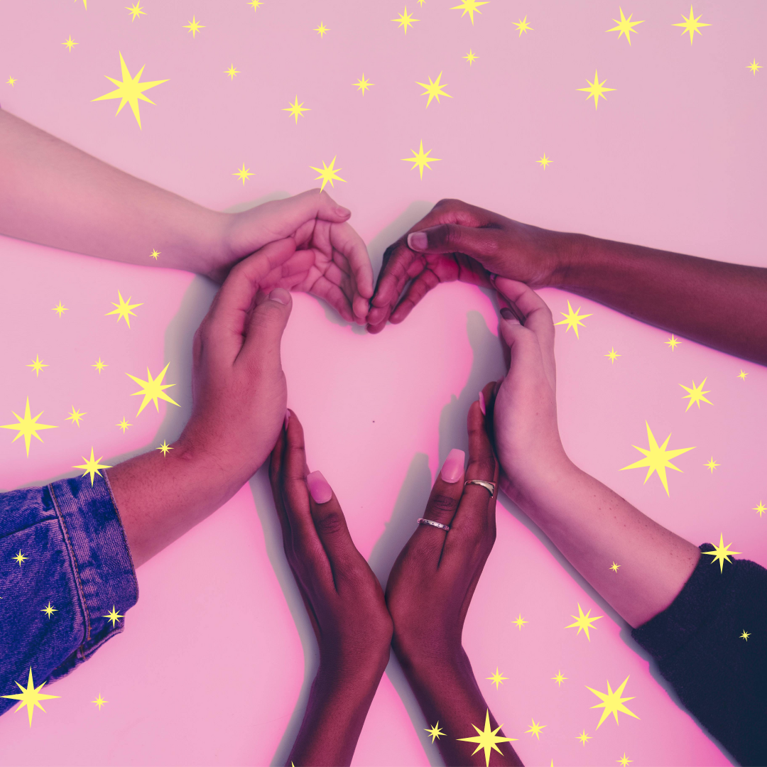 Different peoples' hands create a heart. Yellow stars are around the perimeter of the photo.